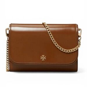 New Tory Burch Emerson Patent Leather Wallet on Chain Clutch Bag Brown